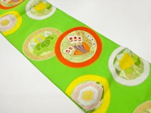 丸に蝶・亀甲・花々模様織出し袋帯